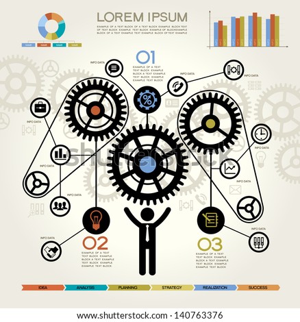 Modern Business Concept , Info Graphic Elements. Man Inserting a Cog Into Series. Complete the Process