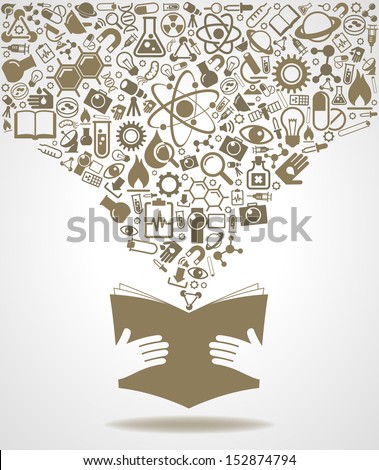 concept on the topic of education. book icon in the hands of the icons on the theme of science