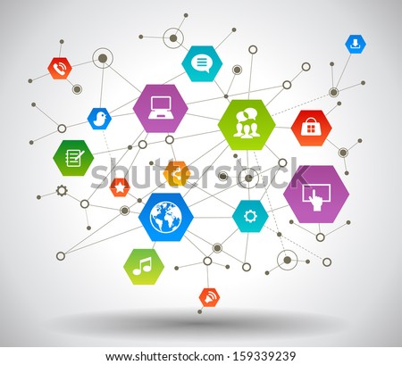 Network background with nodes and social media, communication icons . File is saved in AI10 EPS version. This illustration contains a transparency   