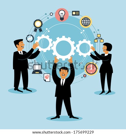 Cartoon team of people holding gears and business icons. Concept of motion in businessconcept business people team