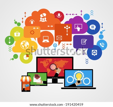 Flat design vector concept network marketing. Smartphone, tablet, laptop, monitor surrounded interface icons, speech bubbles and clouds. File is saved in AI10 EPS version. 