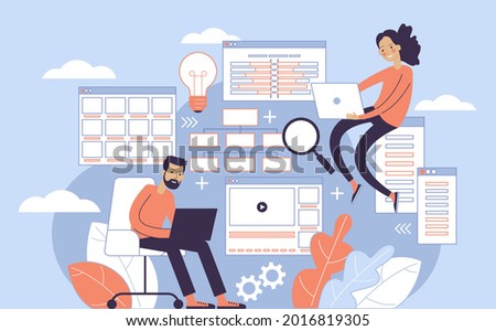 Website architecture concept. PHP and MySql. CMS content management system. Web development. Software testing. Interface design,  Graphic elements set. Vector illustration in flat style.