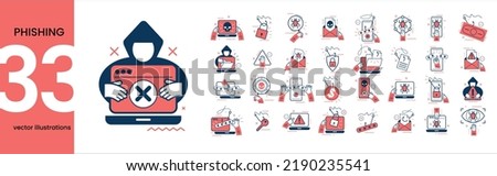 Collection of different phishing scenes and situations. Human hands with icons and images. Cyber crimes committed by hackers and hackers stealing personal data, banking credentials and information