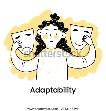 Cute cartoon man. The concept off adaptability. Man is holding two masks, one is sad and the other is happy. Changing human behavior under the influence of social demands and external pressure. 