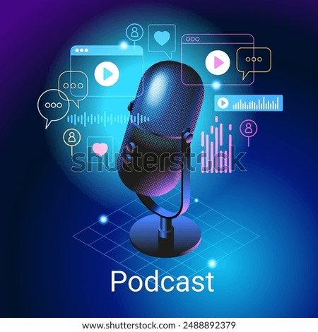 Concept of podcast, radio, broadcasting.. Icon composition with microphone, recording audio, listening talk or interview in mobile podcasting application. Streaming audio service