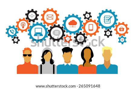 Icons of people with gears and interface icons technology, social media. concept of people communicate in a global network. Icons of people with gears and Interface icons
