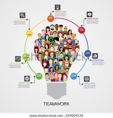 Teamwork infographics background. Icons of people in the form of a light bulb surrounded interface icons, text, numbers. File is saved in AI10 EPS version. This illustration contains a transparency 