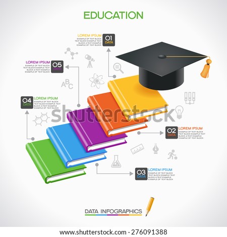 Books steps of Education infographic Template. Concept education steps. Academic cap and books surrounded by icons of education, text, numbers. The file is saved in the version AI10 EPS.