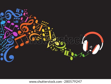 Concept music. Music background with headphones and musical notes