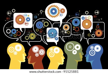 silhouettes of people’s heads with gears and speech bubbles. Teamwork of people in the business  world