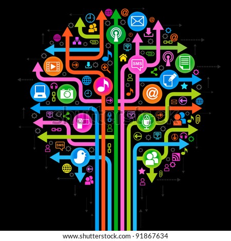 the tree consisting of the arrows and icons on the topic of  social media