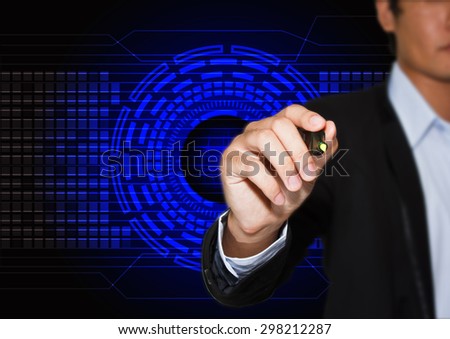 hand drawing a graph with abstract technology futuristic blue innovation background