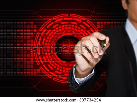 hand drawing a graph with abstract technology futuristic red innovation background