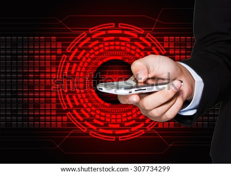 Close up of a man using mobile with abstract technology futuristic red innovation background