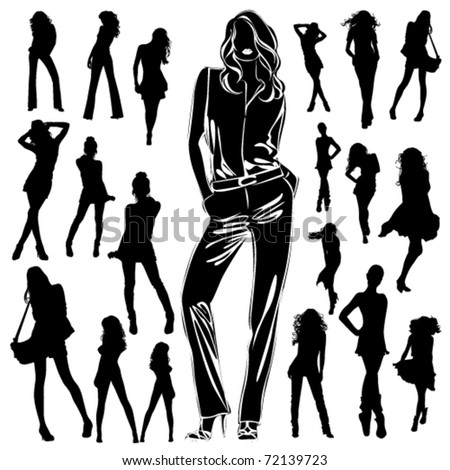 A Lot Of Vector Silhouettes Of Beautiful Women On White Background ...