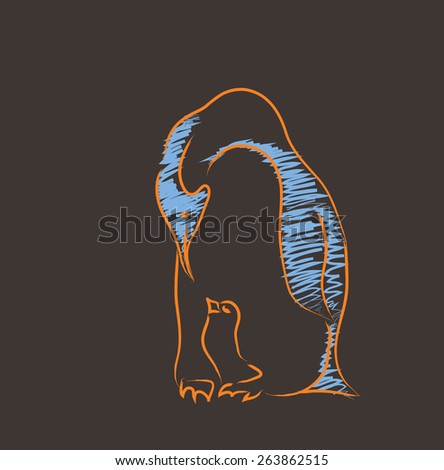 pinguin with the chick abstract illustration on a brown
