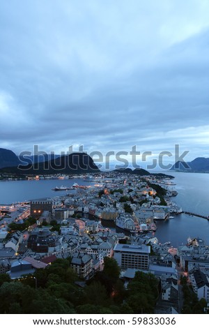 view  from the mountain Aksla at the city of Alesund , Norway. White night time  shoot