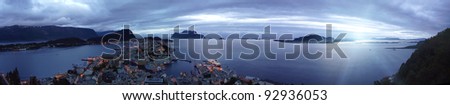 panorama view  from the mountain Aksla at the city of Alesund , Norway. White night time  shoot