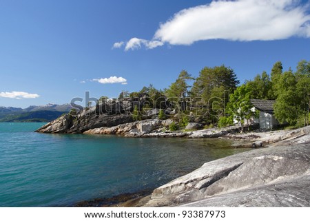 rocky coast and mountains in the distance, norway