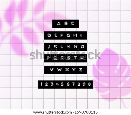 Embossed letters tape font. Vintage adhesive label type. Vector alphabet on tiles background with pink tropic palm leaves overlay