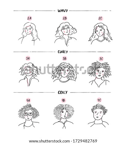 Curls hair chart, different patterns. Wavy, curly and coily woman. Sketch female portraits with natural hairstyle. Vector hand drawn black and white illustration