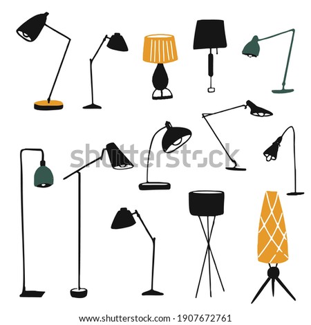 Table and floor lamps, illustrations set. Hand drawn silhouettes of modern home lampshades and bulbs. Black and yellow simple vector graphic. Cozy interior design elements