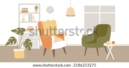 Psychologist cabinet, cozy room with two comfy chairs, paper tissues, bookcase and monstera homeplant. Horizontal vector illustration.