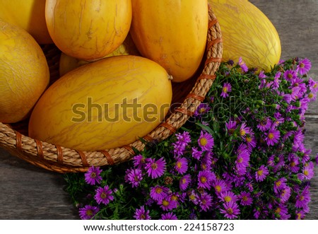 Basket with yellow melons and posy of small violet wild flowers on the wooden background