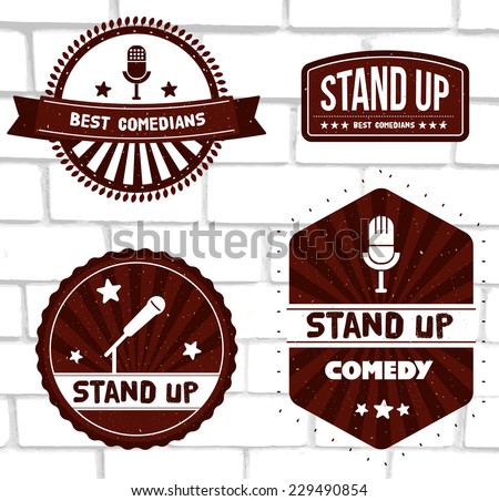 Set of vector red logos and badges with ribbons at white brick background. Stand up comedy theme: images of modern and retro microphones, starburst.