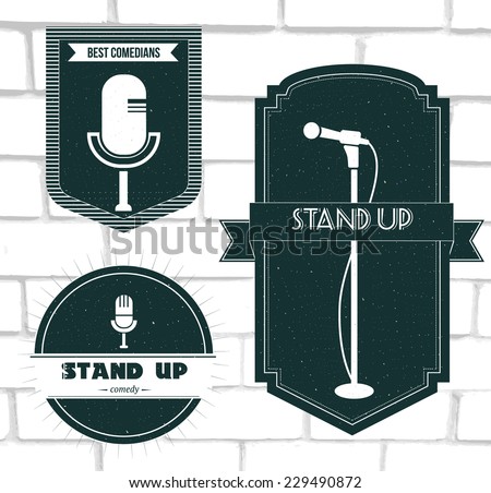 Set of vector stand up comedy logos and badges at white brick background. Modern and retro microphones. Labels and banners for print and web design.