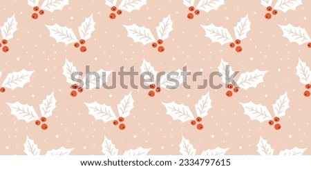 Christmas holly berries seamless pattern for gift wrapping paper, festive design, traditional background. Flat modern vector texture.