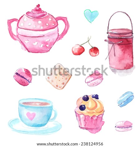 Pink and blue illustrations of tea pot, cup, cupcake pastry and jar with jam. Set of hand drawn watercolor vector elements.