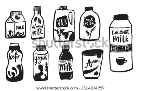 Dairy products packaging doodles, different shapes of milk bottle, carton box and glass. Refir, ayran, yogurt and plant based milk alternative.