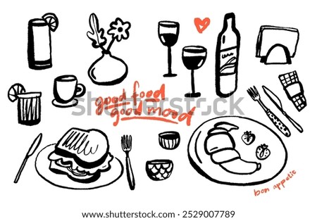 Cafe doodles, branch and lunch dishes, wine glasses, coffee cups. Croissant and toast served on plate. Modern trendy sketch outline elements. Good food good mood quote