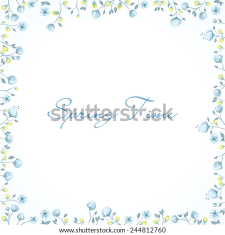 Delicate floral ornament. Floral frame. Tiny blue flowers, yellow flower buds