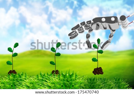 Hand of the robot plants off a sprout to the ground
