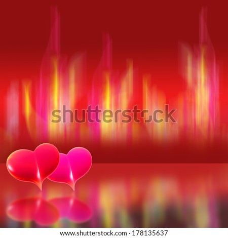 Red background with color beams and two hearts