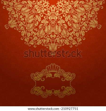 Elegant gold frame banner with crown, floral elements  on the ornate background. Illustration.