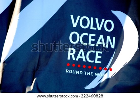 ALICANTE, SPAIN. OCTOBER 7th: Volvo Ocean Race. Alicante Race Volvo Village. Volvo Ocean Race symbol flag round the word slogan. 7th October 2014, Alicante.