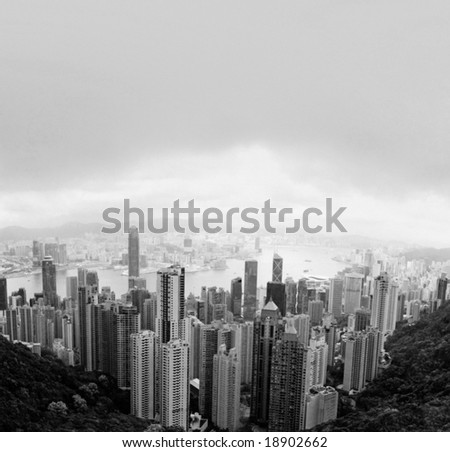 Panoramic Stitch Black and White Infrared: Central Hong Kong China In A Rainy Day