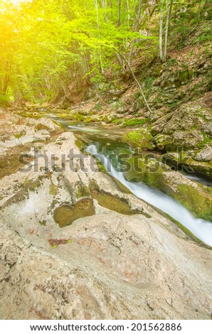 Mountain river flowing in the valley on a background of sunlight. natural composition