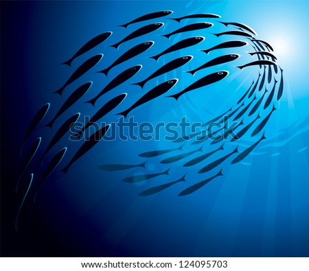 Shoal of sea fish swimming in group underwater in the ocean. Vector image, uses radial gradients and transparency.