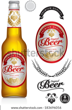 Beer Label and neck label on clear transparent glass beer bottle 330 ml with aluminum lid - vector visual, ideal for beer, lager, ale, stout etc. Drawn with mesh tool. Fully adjustable & scalable.