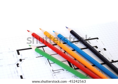 Color pencils and plans isolated