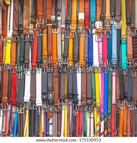 Leather Pants Belts in Various Colors in a Store