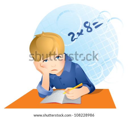 Sad Schoolboy Doing Homework Isolated Stock Vector Illustration ...