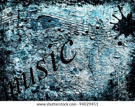 Abstract background in grunge style with scratches, marks and music elements in blue and black colors