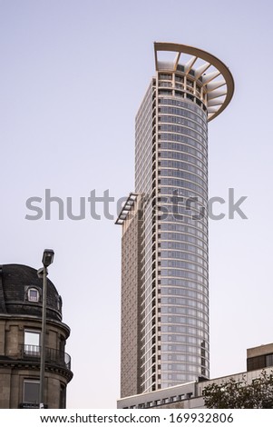 FRANKFURT, GERMANY - NOVEMBER 26: Westenstrasse 1 skyscraper in Frankfurt, Germany on November 26, 2013. It is th third tallest skyscraper in Frankfurt.  taken from Hauptbahnhof.