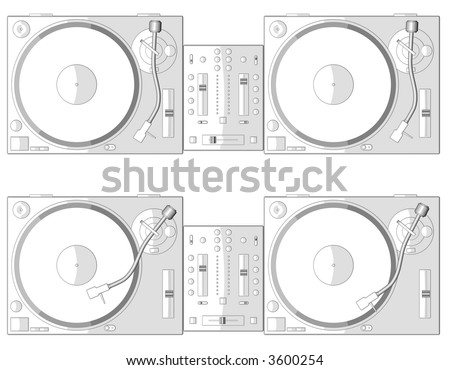 two turntables and mixer on white background. playing and non playing a record. check my portfolio for variations.