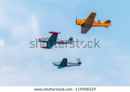 CADIZ, SPAIN-SEP 09:  Formation of three aircraft of the FIO taking part in an exhibition on the 5th airshow of Cadiz on Sep 09, 2012, in Cadiz, Spain
